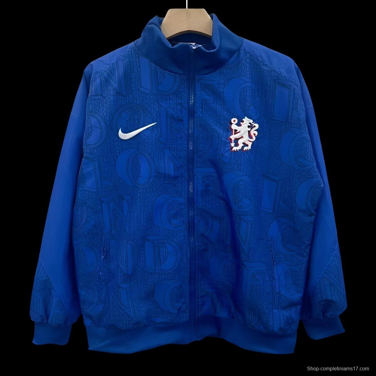 25/26 Chelsea FC Blue with All-Over London Text Pattern Full Zipper Windbreaker