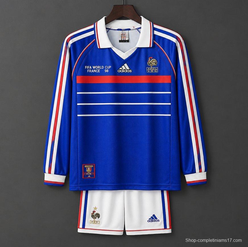 Retro Kids 1998 France Home Long Sleeve Jersey